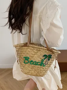 Sac de plage en paille tissée pour femmes, grand sac à épaule avec jolie broderie de palmier.