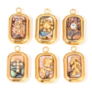 Stainless Steel Enamel Shell Pendant DIY Rhinestone Flower Leaf Cross Rectangular Tag Jewelry Accessory For Necklace Bracelet Making