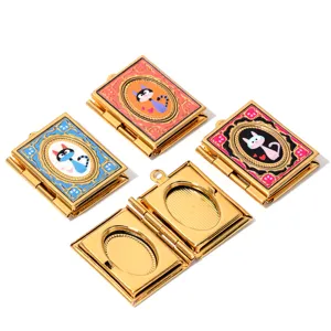 Edelstahl Medaillon Anhänger, Vintage Buchform mit süßem Katzen Emaille Design für DIY Schmuck.