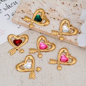 Stainless steel heart pendant charm with colorful crystal stones for DIY jewelry making detail view