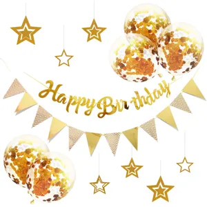 Gold Happy Birthday banner balloons star decor details for birthday party celebration.