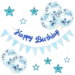 Blue birthday party decoration set including happy birthday banner confetti balloons and stars.