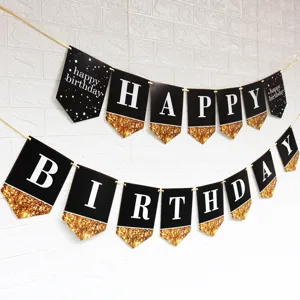 Black and gold happy birthday banner party decoration hanging flags for celebration events.