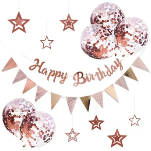 Rose gold birthday party decoration set including confetti balloons, star banners and bunting.