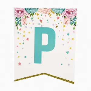 Birthday party paper banner flag detail, floral pattern with letter P, colorful stars.
