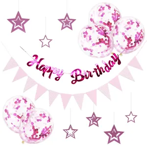 Birthday party decoration set with happy birthday banner, pink triangle flags, and confetti balloons.