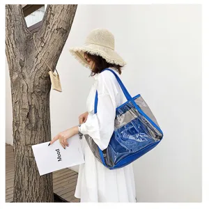 Clear jelly tote bag with blue trim, large capacity summer beach shoulder bag for women.