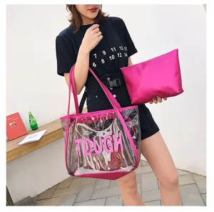 Transparent jelly tote bag set with inner pouch, stylish large capacity beach bag for summer.