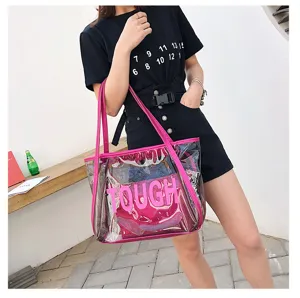 Transparent jelly tote bag for women, large capacity beach shoulder bag with inner pouch.