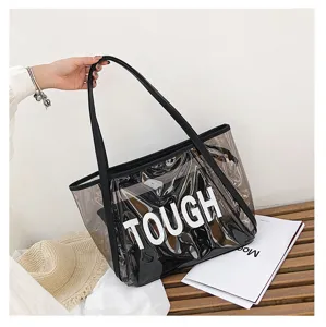 Transparent jelly tote bag with large capacity, trendy shoulder bag for women beach summer.