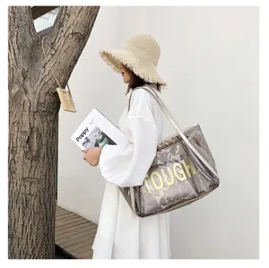 Transparent jelly tote bag with large capacity for summer beach, clear PVC shoulder handbag.