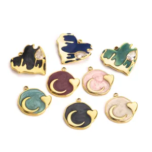 Assorted enamel heart and moon stainless steel charms, close-up details of DIY jewelry accessories.