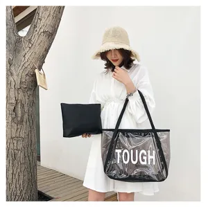 Clear jelly tote bag with inner pouch, large capacity transparent beach shoulder bag detail view.