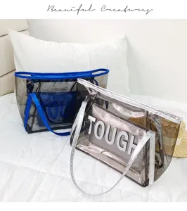 Clear jelly tote bag with inner pouch, large capacity transparent beach shoulder bag for summer.