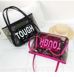 Transparent PVC jelly tote bag detail view, large capacity shoulder bag with stylish letters.
