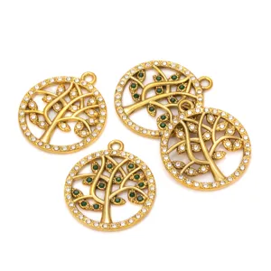 Colgantes de árbol de la vida dorados con pedrería transparente y verde para joyería DIY.