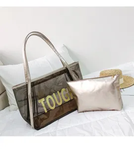 Transparent jelly tote bag with matching pouch, clear PVC beach shoulder bag detail view