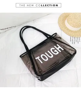 Transparent PVC jelly tote bag with black straps, stylish clear shoulder bag for beach and summer.