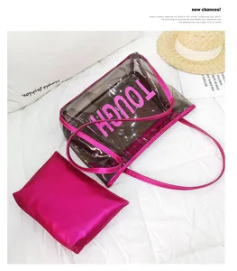 Clear jelly tote bag with pink inner pouch large capacity beach shoulder bag for summer