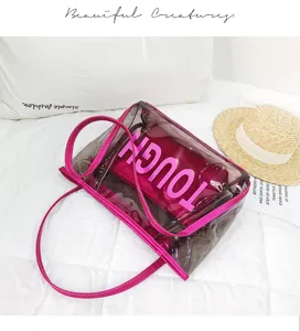 Transparent jelly tote bag with inner pouch, large capacity beach shoulder bag for summer.