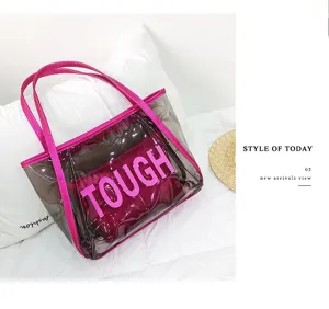 Transparent jelly tote bag with pink trim, large capacity beach shoulder bag for women.