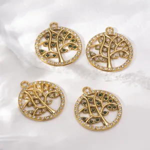 Colgante Árbol De La Vida De Acero Inoxidable 304 Accesorios De Joyería DIY Diamante De Imitación Incrustado Dijes Redondos Huecos