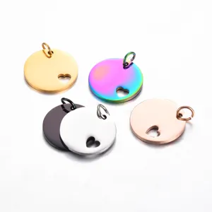 Stainless steel round mirror pendant, polished hollow heart charm for DIY jewelry making accessories.
