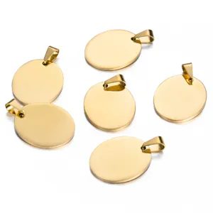Gold stainless steel oval blank pendant detail, polished mirror finish DIY jewelry making.