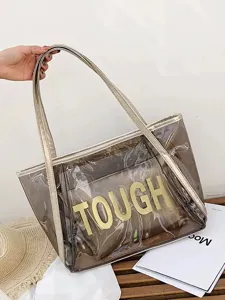 Clear jelly tote bag with gold trim, large capacity beach shoulder bag for summer vacation.