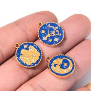 Ciondoli zodiaco smalto acciaio inossidabile rotondi oro accessori per la bigiotteria