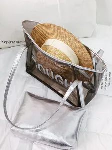 Clear jelly tote bag summer beach handbag with silver pouch and straw hat for women casual use