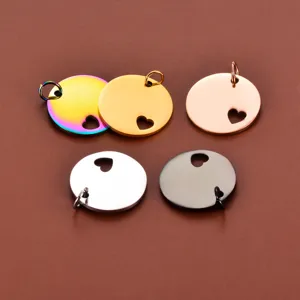 Stainless steel round hollow heart DIY jewelry pendant tags, multi-color mirror polished detail.