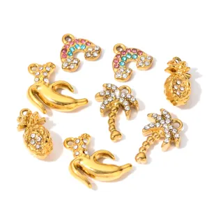 Edelstahl Frucht Anhänger Set, Kristall Strass Palme Banane DIY Halskette Schmuck Herstellung Details.