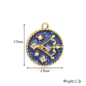 Ciondolo zodiacale in acciaio inossidabile smalto strass blu rotondo charm 17x15mm 2.3g