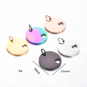 Stainless steel round blank stamping tags with heart cutouts, multi-color DIY jewelry charms.