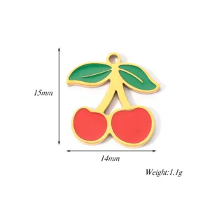 Stainless steel cherry pendant detail view showing dimensions and weight measurements clearly.