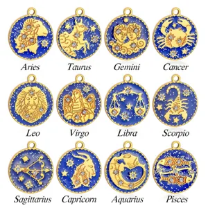 Ciondoli Zodiaco in Acciaio Inossidabile Dodici Costellazioni Charms Smaltati Placcati Oro Tondi Smalto a Goccia d'Olio Strass Pendenti per Creazione Gioielli DIY Accessori