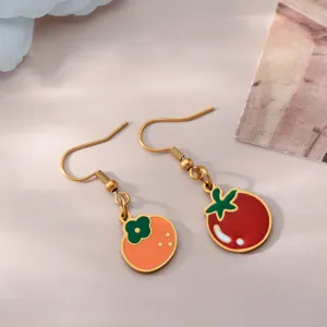 Stainless steel enamel fruit earrings pendant detail, cute tomato and persimmon design charms.