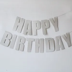 Silver glitter Happy Birthday banner party decoration bunting letter flags for celebration.