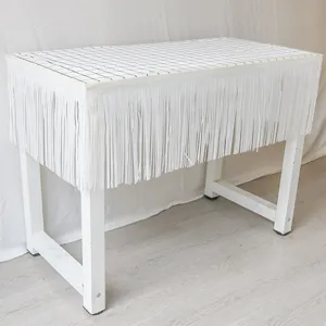 White grid table skirt and fringe curtain banner for birthday party, wedding and home decor.