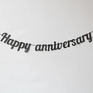 Black glitter Happy Anniversary banner for wedding and party decoration supplies.