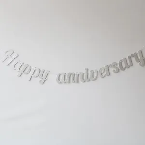 Silver glitter happy anniversary letter banner for party celebration events and hanging wall decor