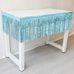 Metallic blue tinsel fringe curtain table skirt for birthday party wedding decoration