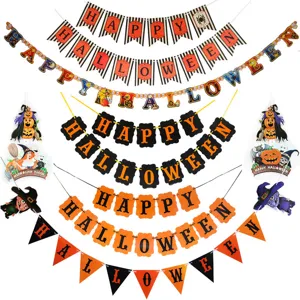 Bannière en Papier de Fête d'Halloween Décoration Suspendue Citrouille Sorcière Fantôme Guirlande Fournitures Festives