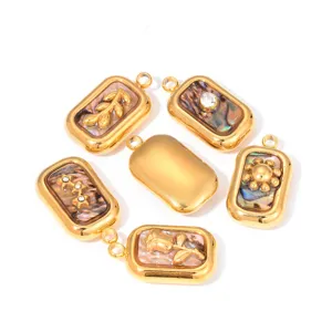 Stainless steel gold rectangular pendant DIY jewelry charms with shell and rhinestone accents.