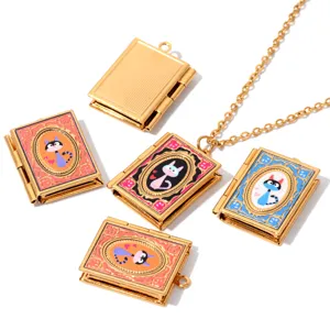 Goldene Edelstahl Medaillon Katzen Halskette DIY Fotorahmen Anhänger Schmuck Detail