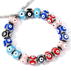 Stainless steel evil eye beaded bracelet with colorful Nazar beads for DIY jewelry making.