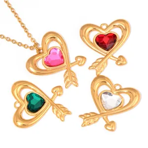 Heart arrow pendant detail, gold tone metal with colorful crystal rhinestones for DIY necklace.