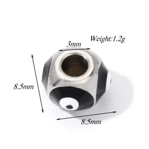Stainless steel Nazar evil eye bead detail view, 8.5mm size and 3mm hole for DIY bracelet crafts.