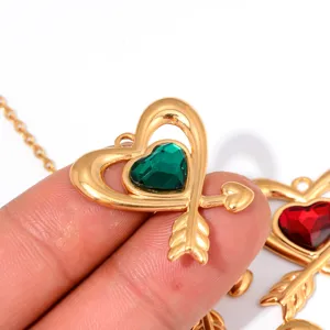 Stainless steel gold heart arrow pendant with green gemstone for DIY necklace jewelry accessory